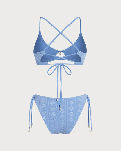 Conjunto de biquíni triângulo floral azul com decote em U