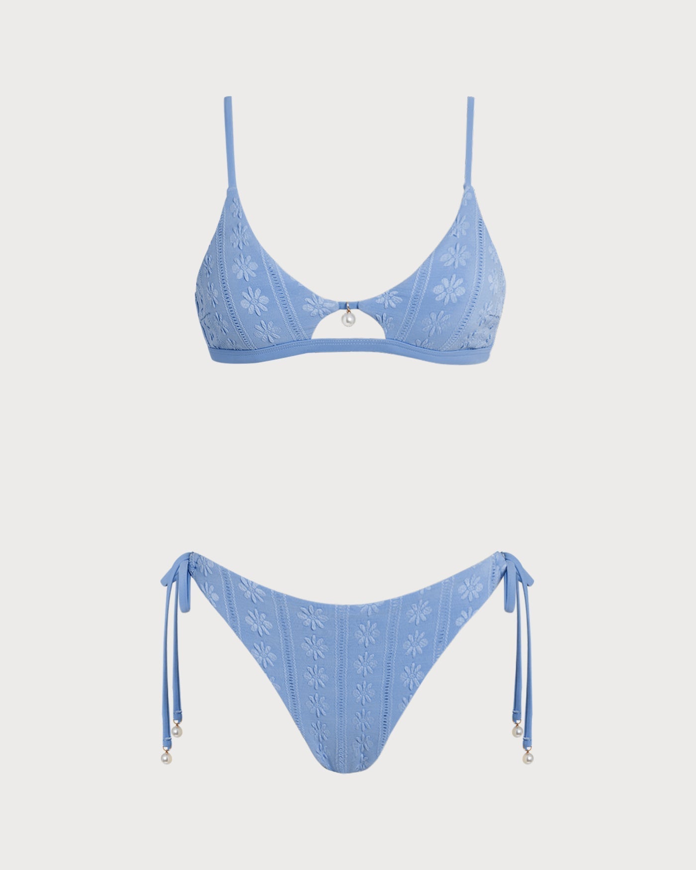 Conjunto de biquíni triângulo floral azul com decote em U