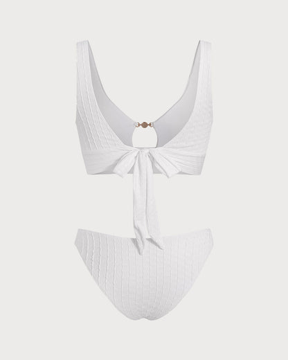 Conjunto Tankini Branco com Decote em U e Recorte