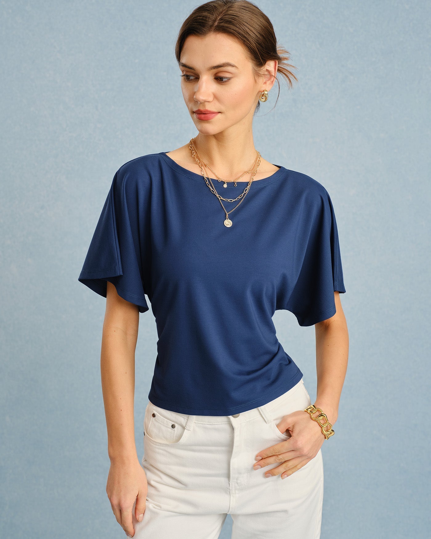 Camiseta gola canoa com amarração — Azul