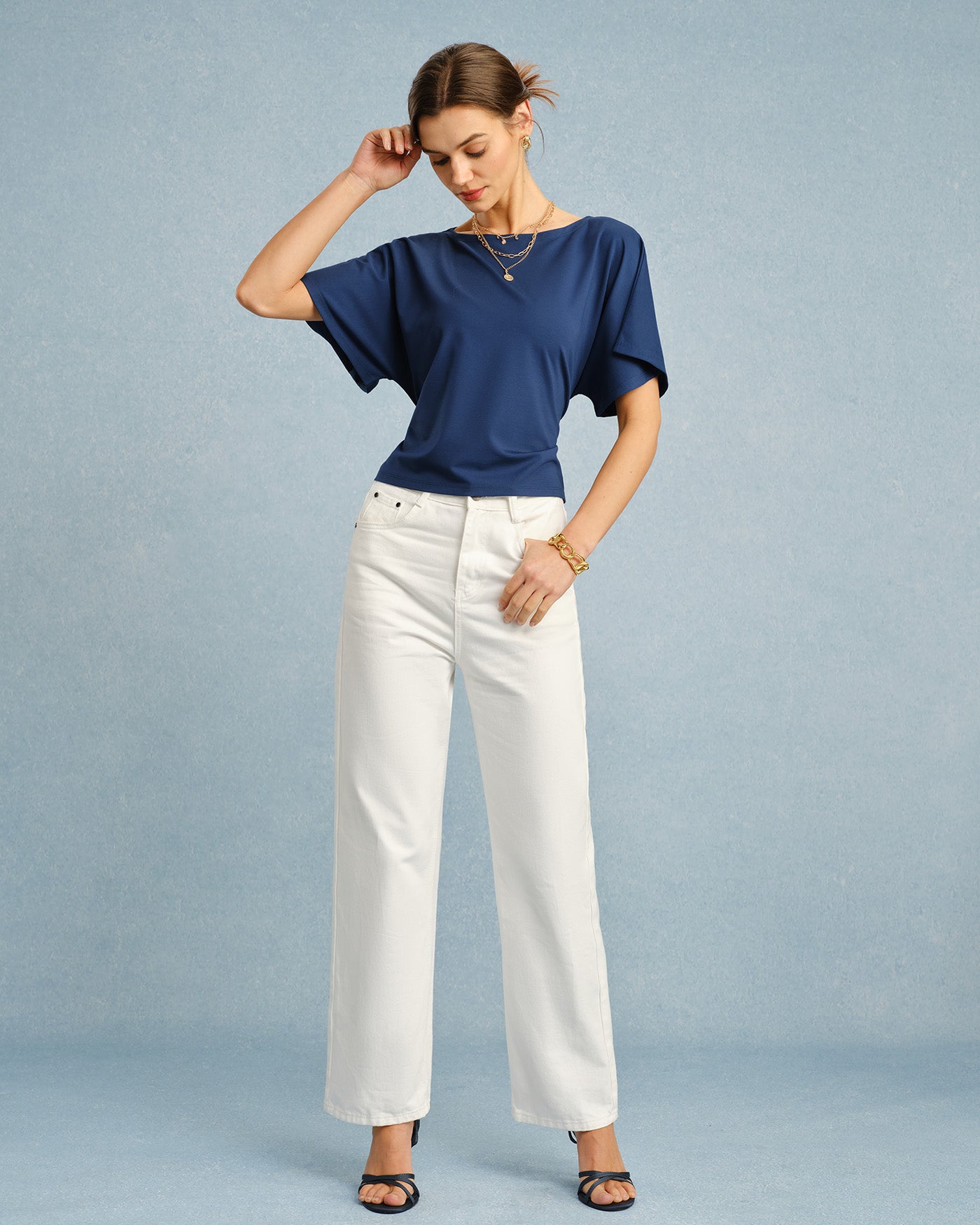 Camiseta gola canoa com amarração — Azul