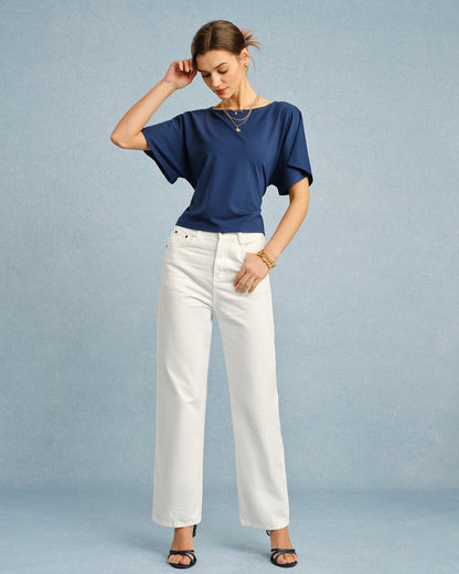 Camiseta gola canoa com amarração — Azul