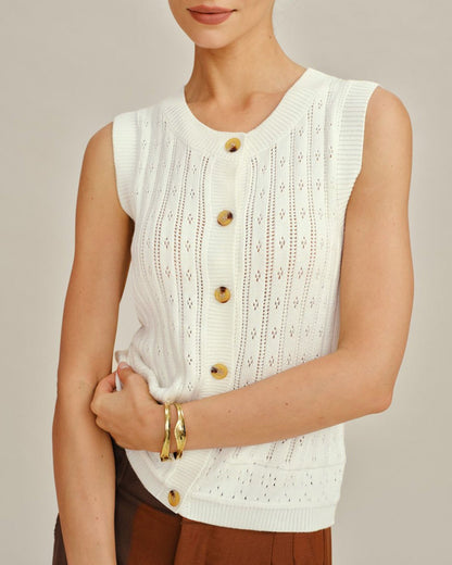 Cardigan de tricô branco com abotoamento simples