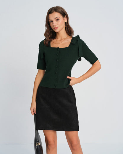 Cardigan de tricô verde com decote quadrado e laço