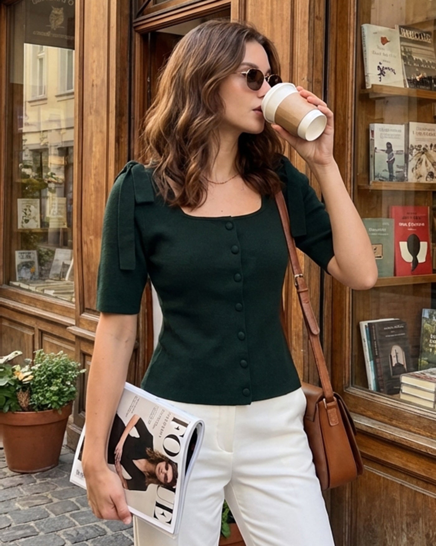 Cardigan de tricô verde com decote quadrado e laço