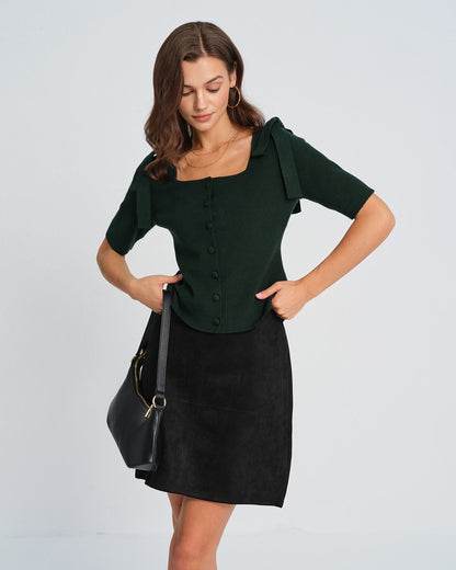 Cardigan de tricô verde com decote quadrado e laço