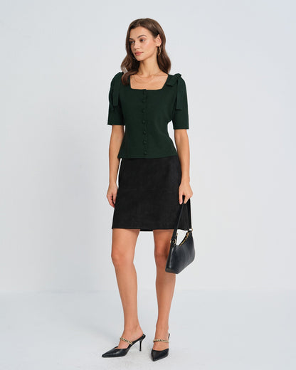 Cardigan de tricô verde com decote quadrado e laço