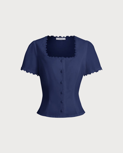 Blusa Azul Marinho com Decote Quadrado e Botões