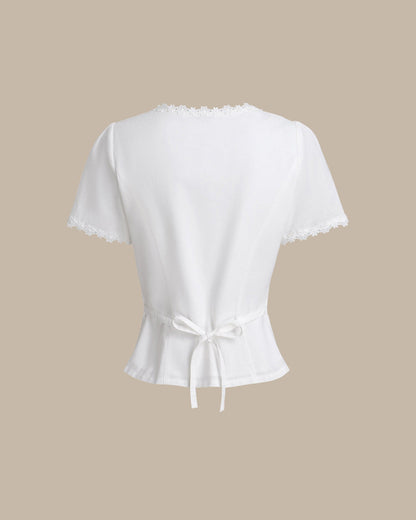 Blusa de renda com decote quadrado e botões — Branco