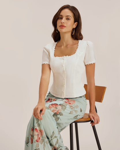 Blusa de renda com decote quadrado e botões — Branco