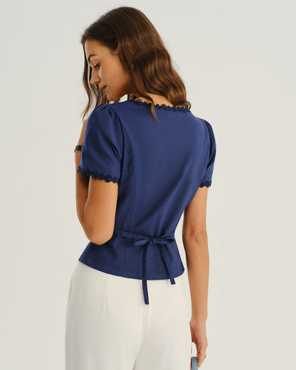 Blusa Azul Marinho com Decote Quadrado e Botões