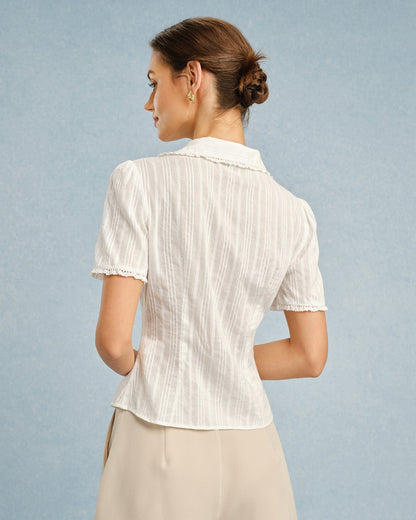 Blusa de Renda com Gola Branca e Botões