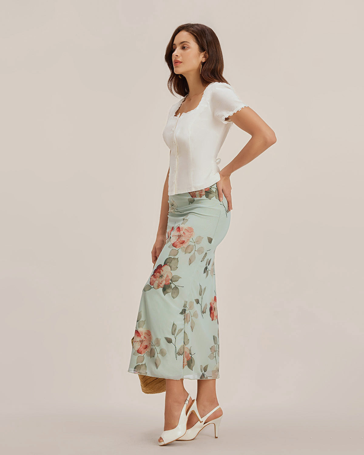 Blusa de renda com decote quadrado e botões — Branco