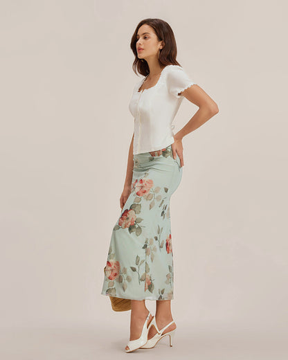 Blusa de renda com decote quadrado e botões — Branco