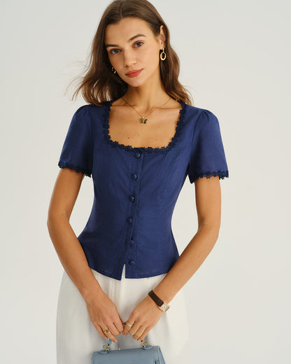 Blusa Azul Marinho com Decote Quadrado e Botões