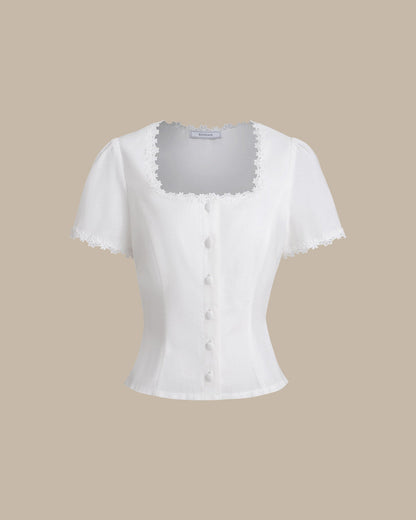 Blusa de renda com decote quadrado e botões — Branco