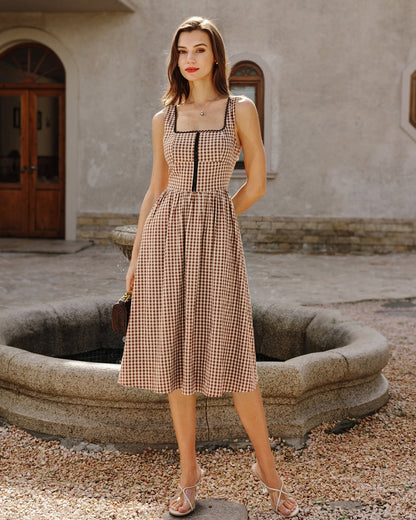 Vestido midi xadrez marrom sem mangas