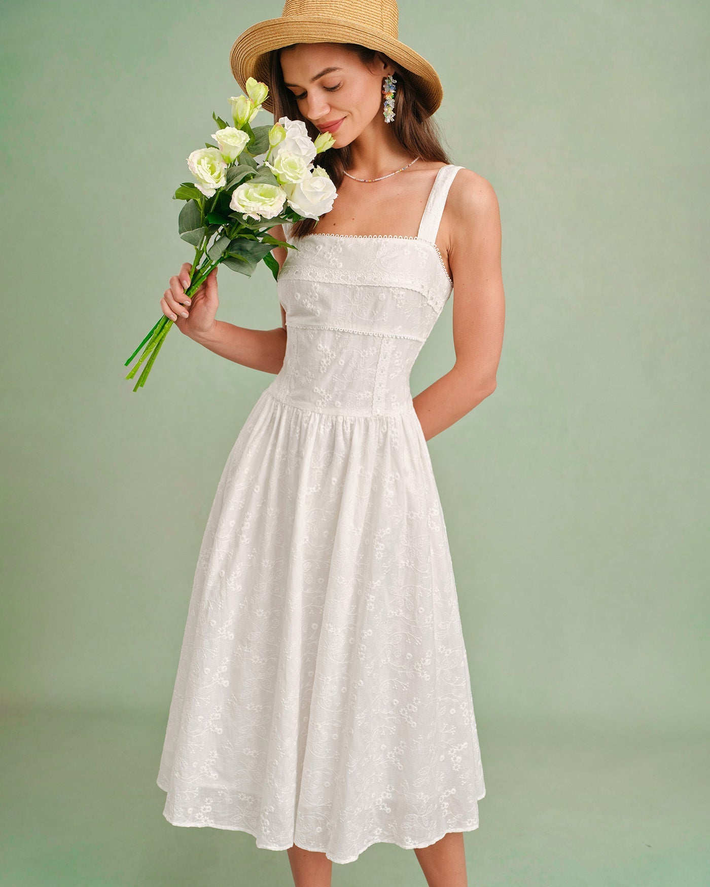 Vestido slip midi com decote quadrado — Branco
