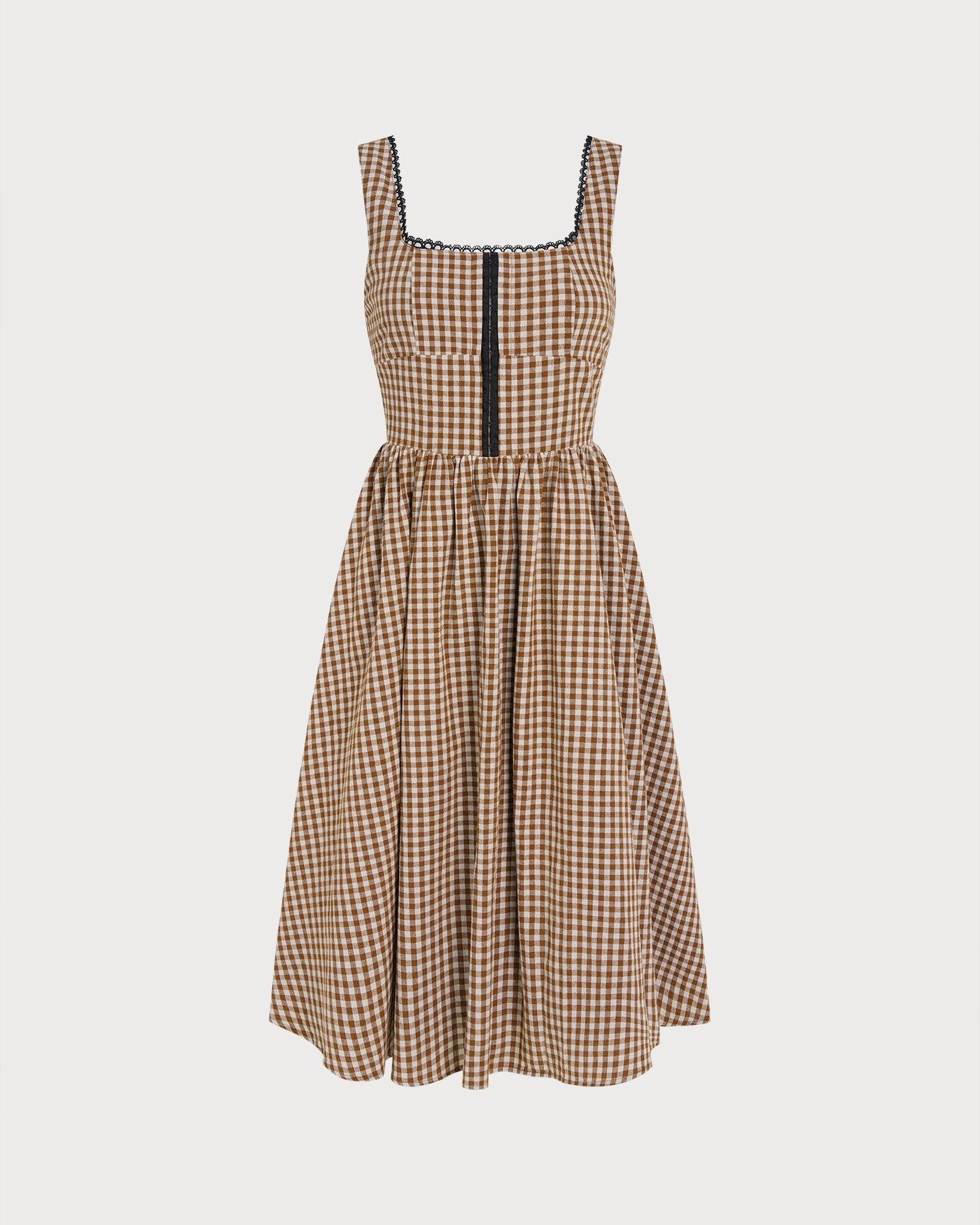 Vestido midi xadrez marrom sem mangas