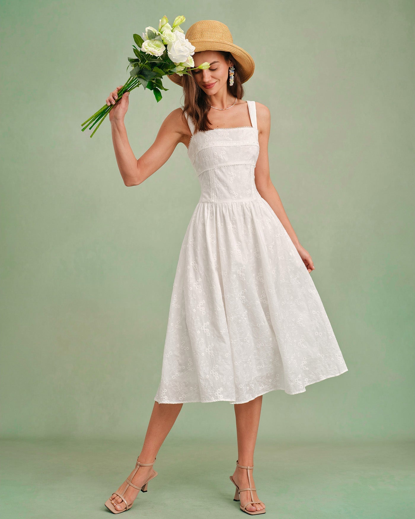 Vestido slip midi com decote quadrado — Branco