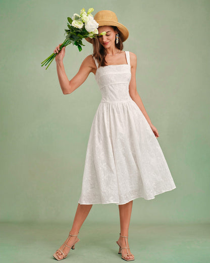 Vestido slip midi com decote quadrado — Branco