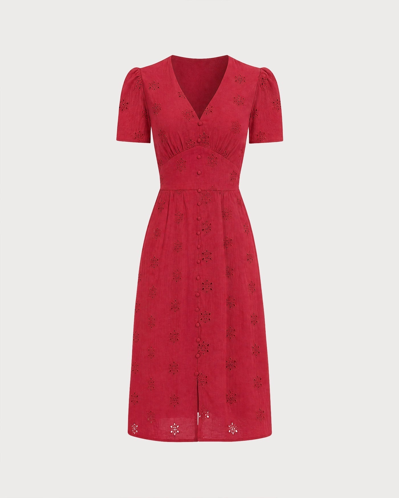 Vestido midi vermelho com bordado e decote em V