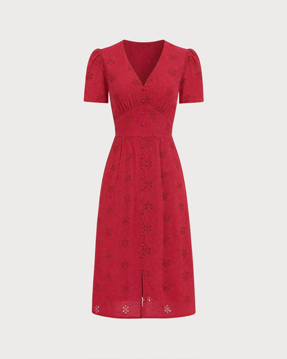 Vestido midi vermelho com bordado e decote em V