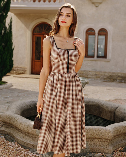 Vestido midi xadrez marrom sem mangas