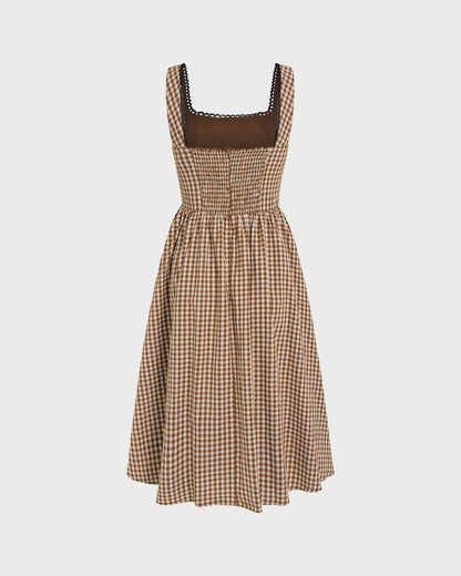 Vestido midi xadrez marrom sem mangas