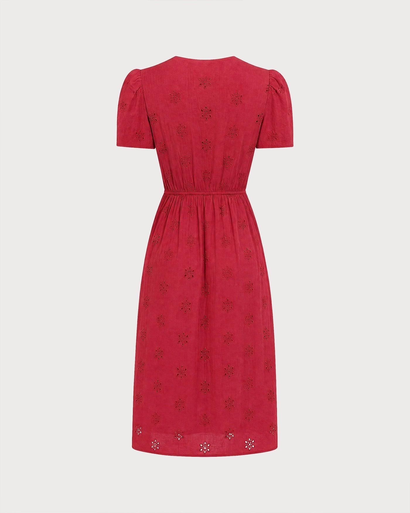 Vestido midi vermelho com bordado e decote em V