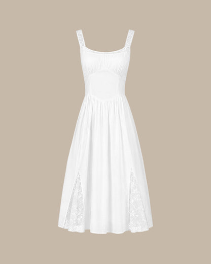 Vestido Midi Branco com Recortes em Renda e Franzidos