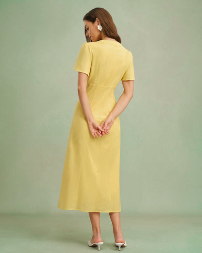 Vestido midi amarelo com decote em V e botões frontais