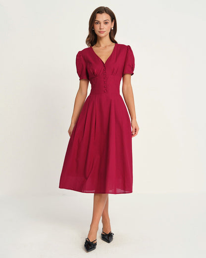 Vestido midi vermelho com decote em V