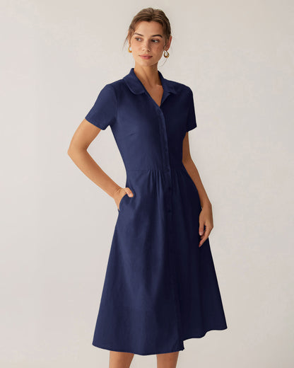 Vestido midi azul marinho com bolso e manga curta