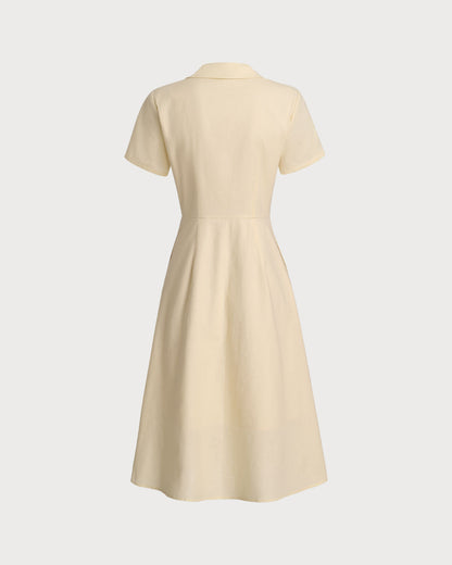 Vestido midi amarelo com botões e mangas curtas