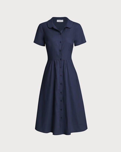 Vestido midi azul marinho com bolso e manga curta