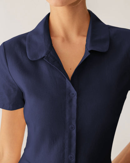 Vestido midi azul marinho com bolso e manga curta
