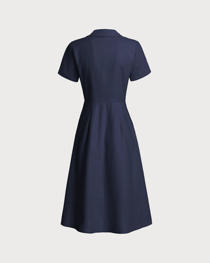 Vestido midi azul marinho com bolso e manga curta