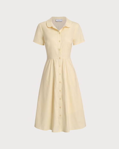 Vestido midi amarelo com botões e mangas curtas