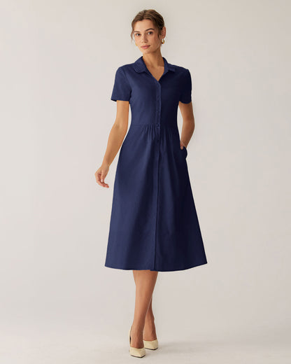 Vestido midi azul marinho com bolso e manga curta