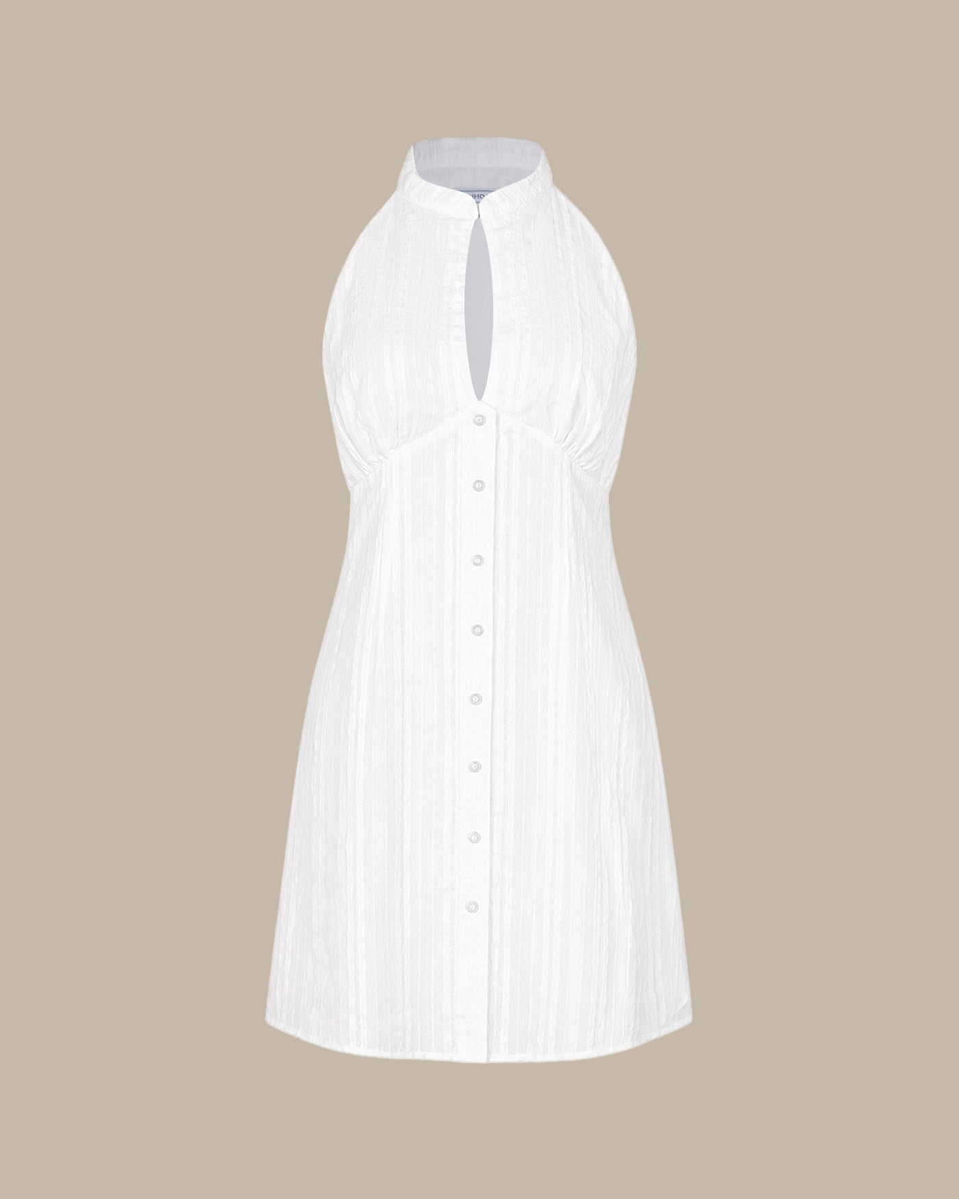 Minivestido branco com gola mandarim e recortes