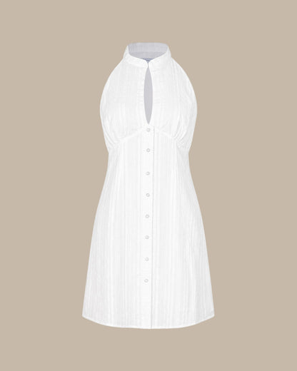 Minivestido branco com gola mandarim e recortes