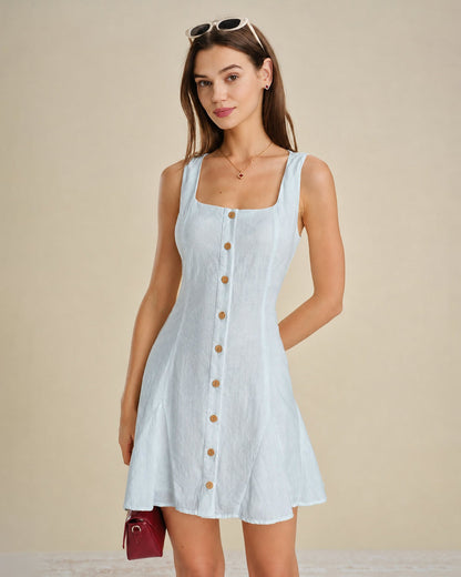Vestido curto texturizado com decote quadrado — Azul