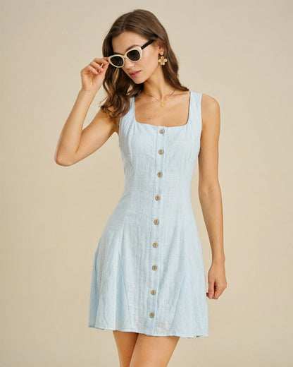 Vestido curto texturizado com decote quadrado — Azul