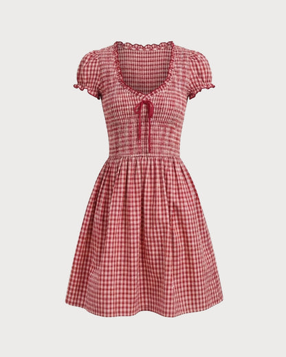 Vestido curto xadrez com decote em V — Vermelho