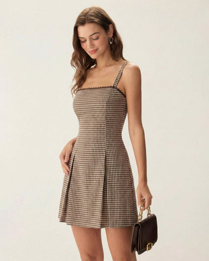 Mini-vestido slip xadrez marrom com franzidos