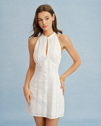 Minivestido branco com gola mandarim e recortes