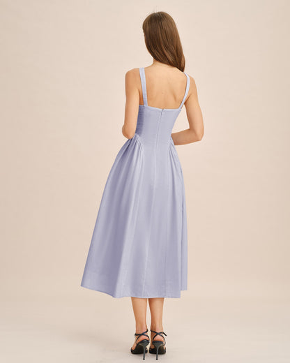 Vestido slip midi azul claro com franzido
