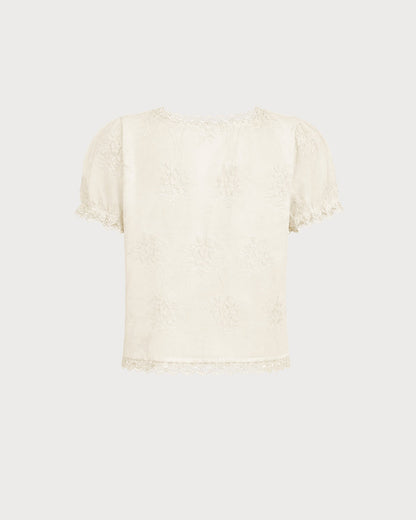 Blusa com decote quadrado, renda e estampa floral — Damasco