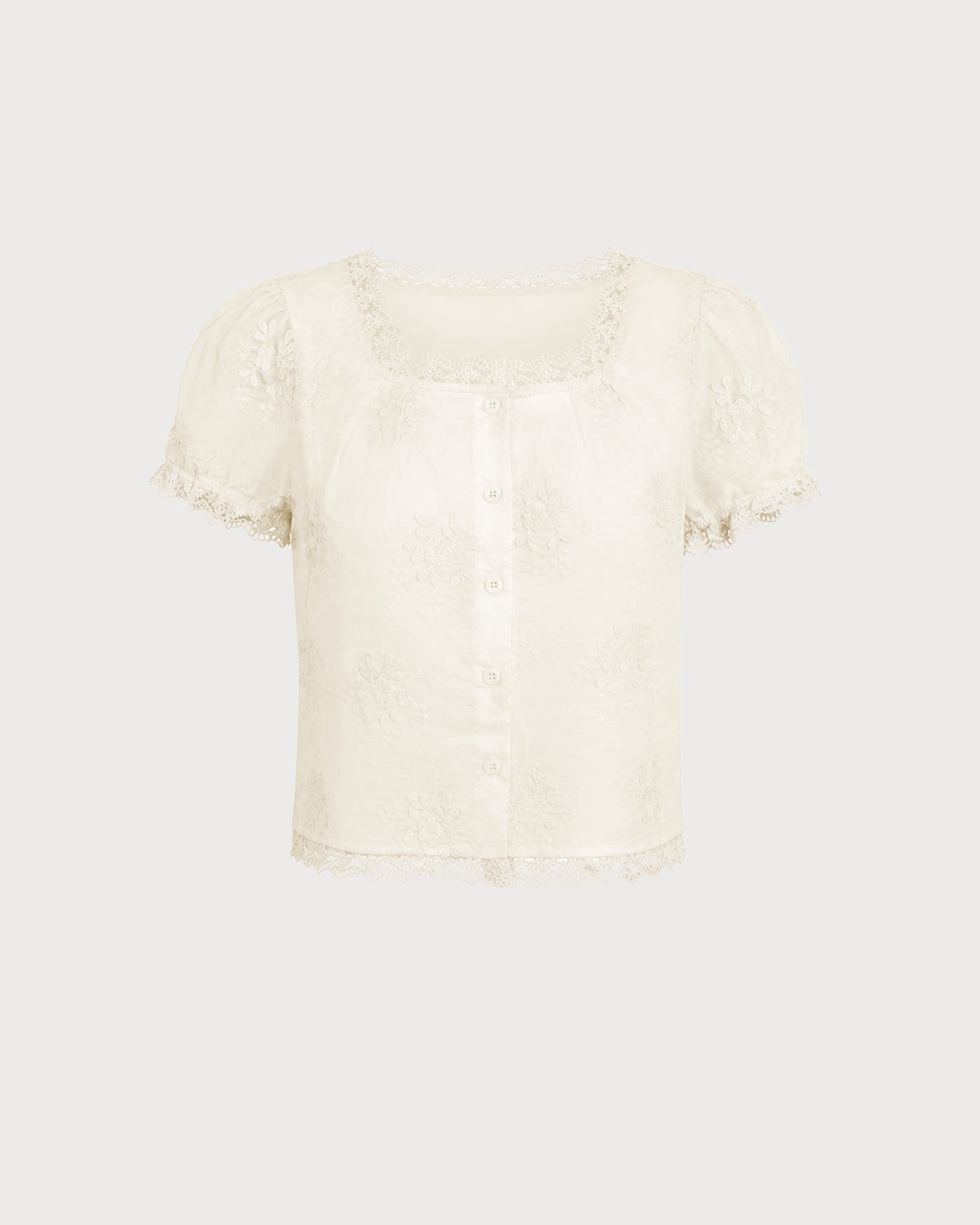 Blusa com decote quadrado, renda e estampa floral — Damasco